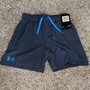 Under Armour Boys Charcoal Gray Athletic Shorts with Bright Blue Accents
